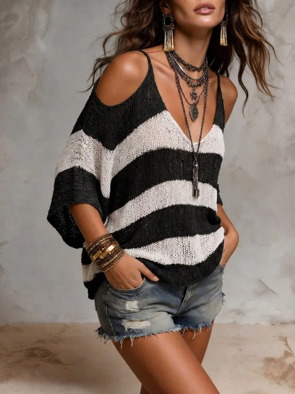 Black and White Oversized Casual Women's Cold Shoulder Pointelle knit pullover